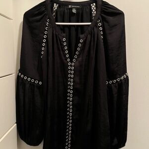 INC Women's Black V Neck Blouse with Silver Ring Details- Size Medium